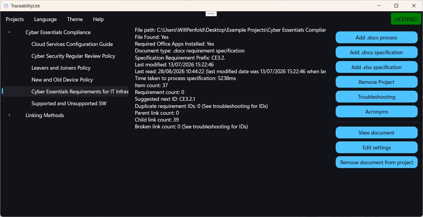 TraceabilityLite main window